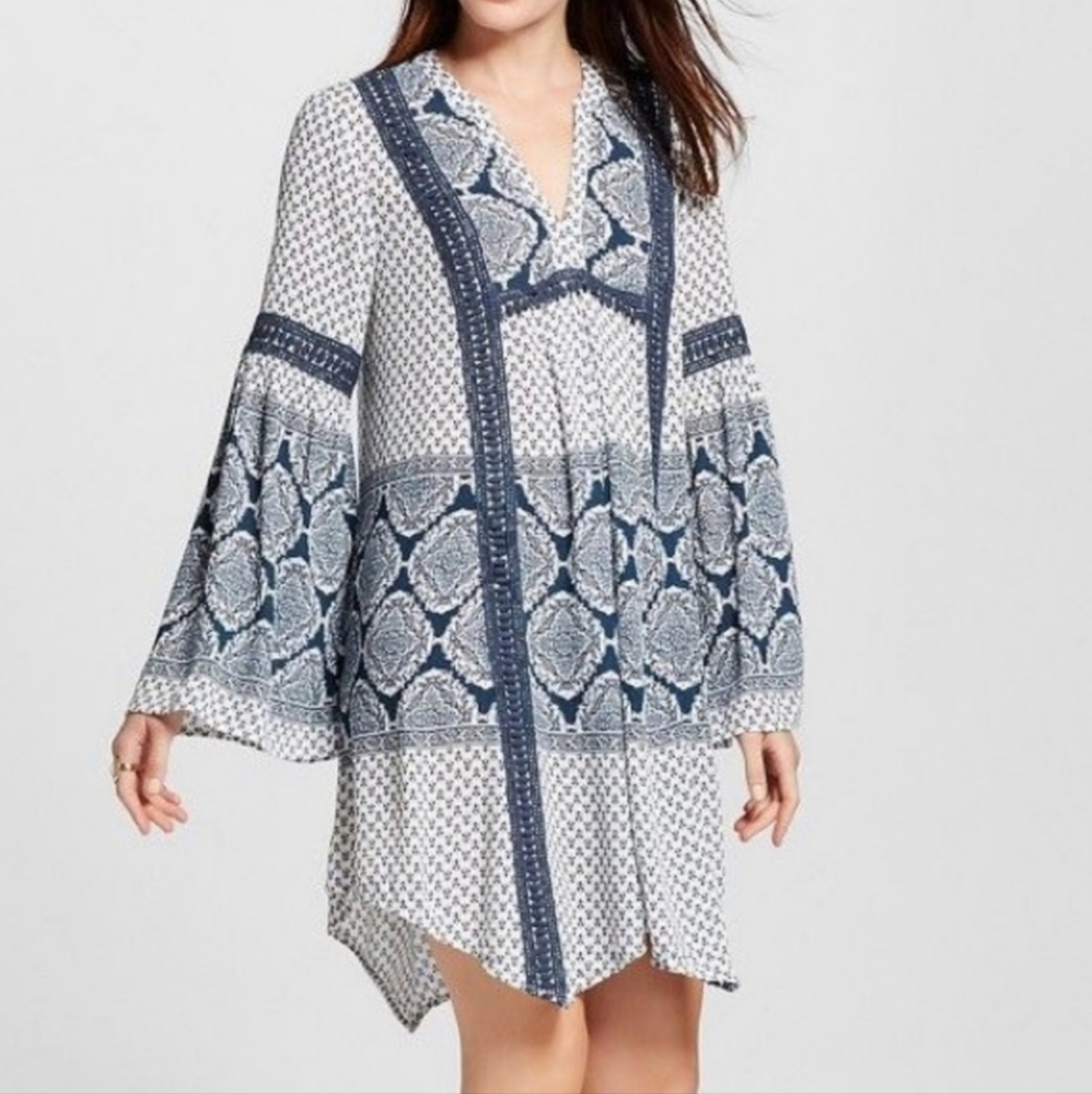 KNOX ROSE L Boho Breezy Bell LS Hi Low Hem Dress Beach Coastal Lightweight